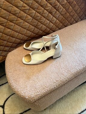 Zara White Block Heels with Gold Toe Discs